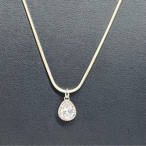 925 Sterling Silver Teardrop Halo CZ Pendant Necklace 17"